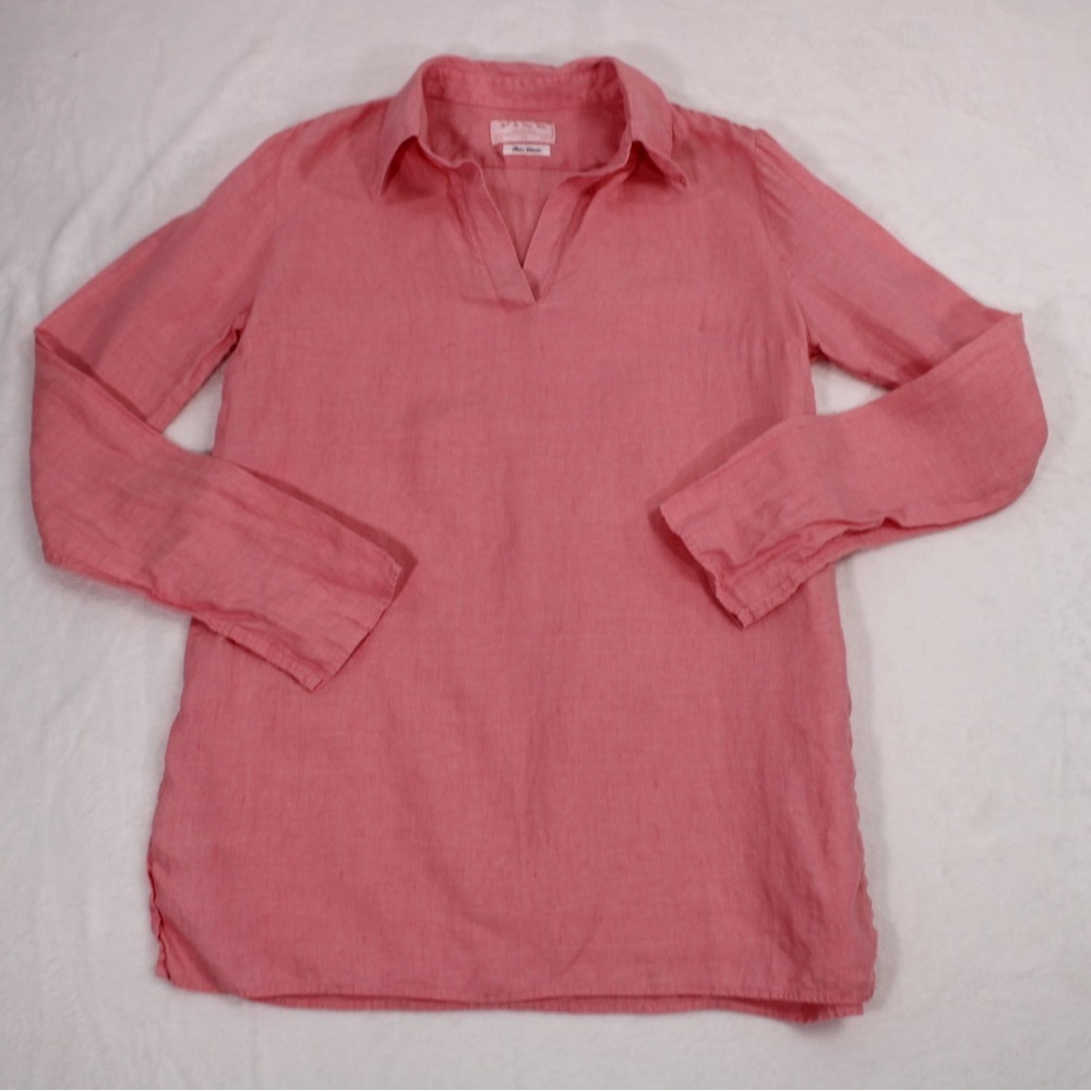 PINK Woman 100% Linen Pink Long Sleeve Tunic US 8 V Collar Neck